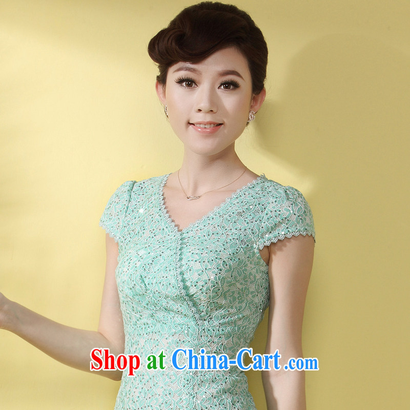 Dresses 2014 summer new cheongsam dress lady solid-colored lace-style name-yuan banquet dresses green XXL, music, traditional costumes/Tang, and shopping on the Internet