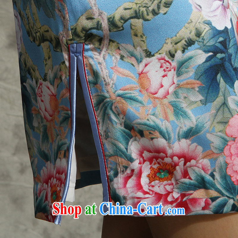 cheongsam Silk Cheongsam dress summer 2014 with new, raw Silk Cheongsam-buckle genuine cheongsam dress blue Peony blue Peony XXL, music, and shopping on the Internet