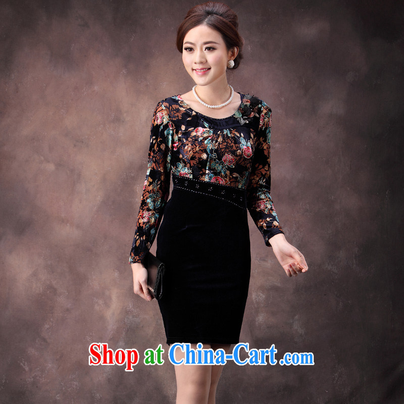 Dresses 2014 Spring and Autumn and new, improved wool stitching long-sleeved mother dresses nails Pearl antique dresses blue 4 XL, music, traditional costumes/Tang, and shopping on the Internet