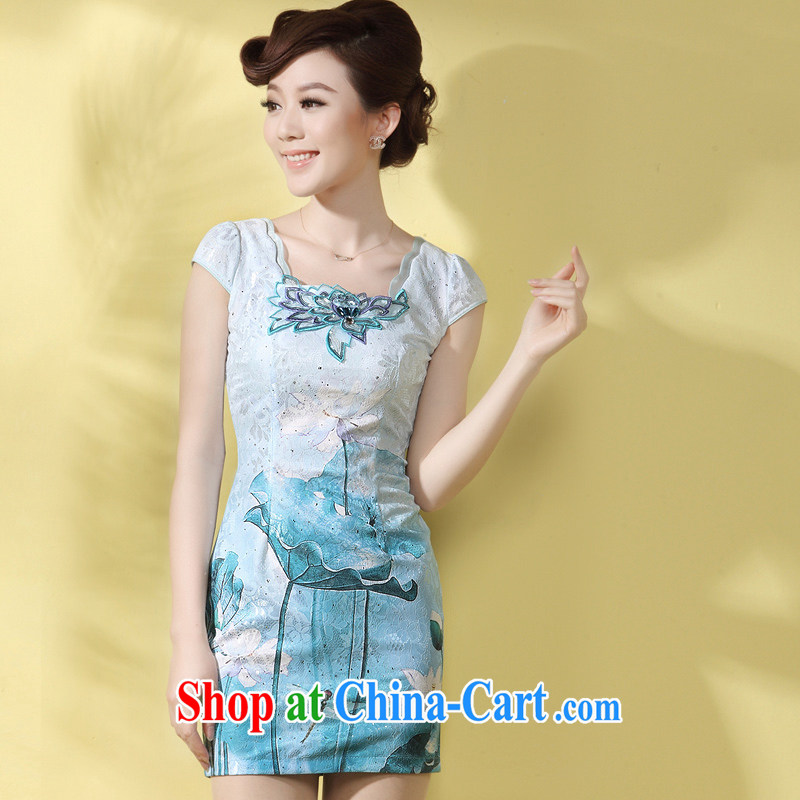 Dresses 2014 new cheongsam dress dress stylish improved Chinese Embroidery Lotus embroidery Chinese Ki robe blue flowers XXL
