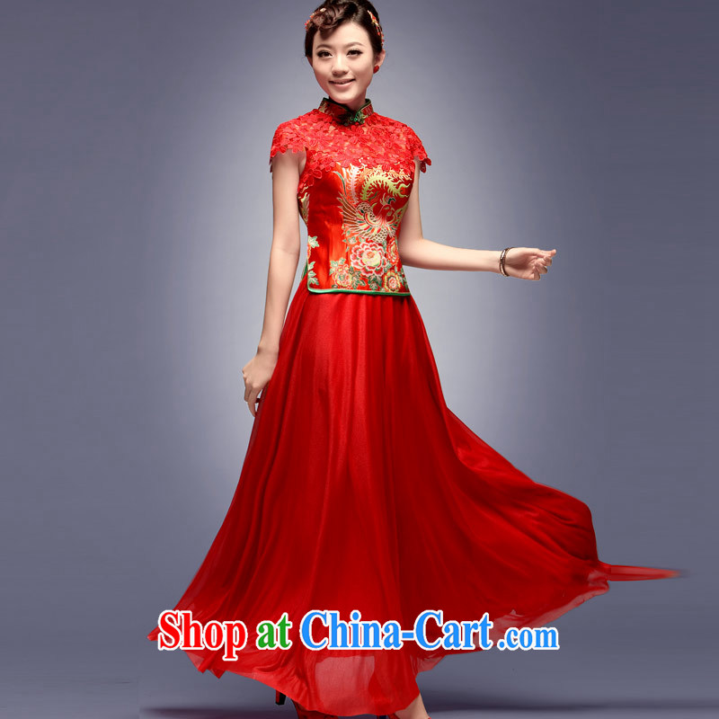 Dresses 2014 new lace Chinese Antique wedding dresses red split long marriage bridal gown dress red S, music, and shopping on the Internet