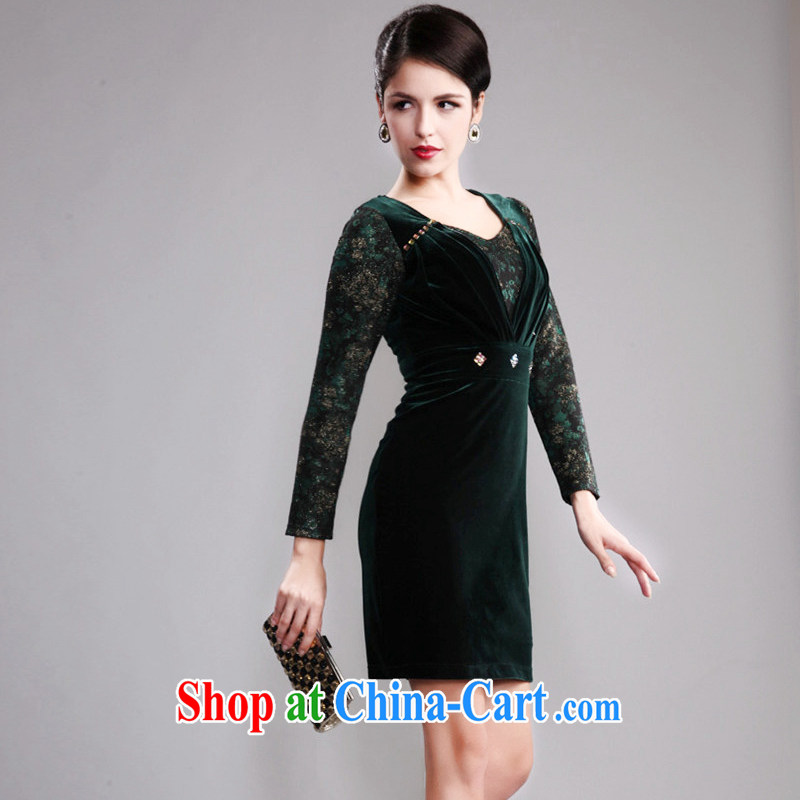 Dresses fall 2014 new long-sleeved cultivating middle-aged and older mothers dresses wool staple Pearl series spelling dress dark green 4 XL, music, and shopping on the Internet