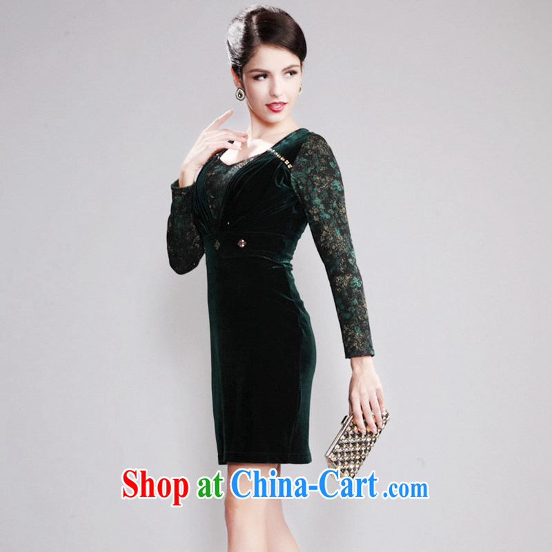 Dresses fall 2014 new long-sleeved cultivating middle-aged and older mothers dresses wool staple Pearl series spelling dress dark green 4 XL, music, and shopping on the Internet