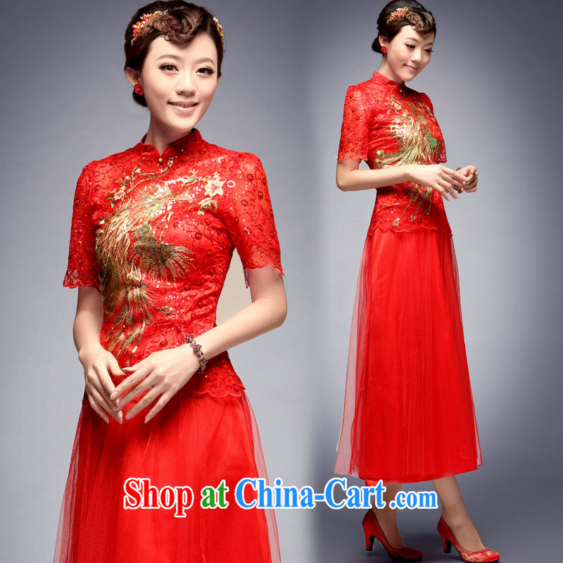 Dresses fall 2014 in cuff Chinese Two-piece small Fengxian embroidery Phoenix long red cheongsam dress red S