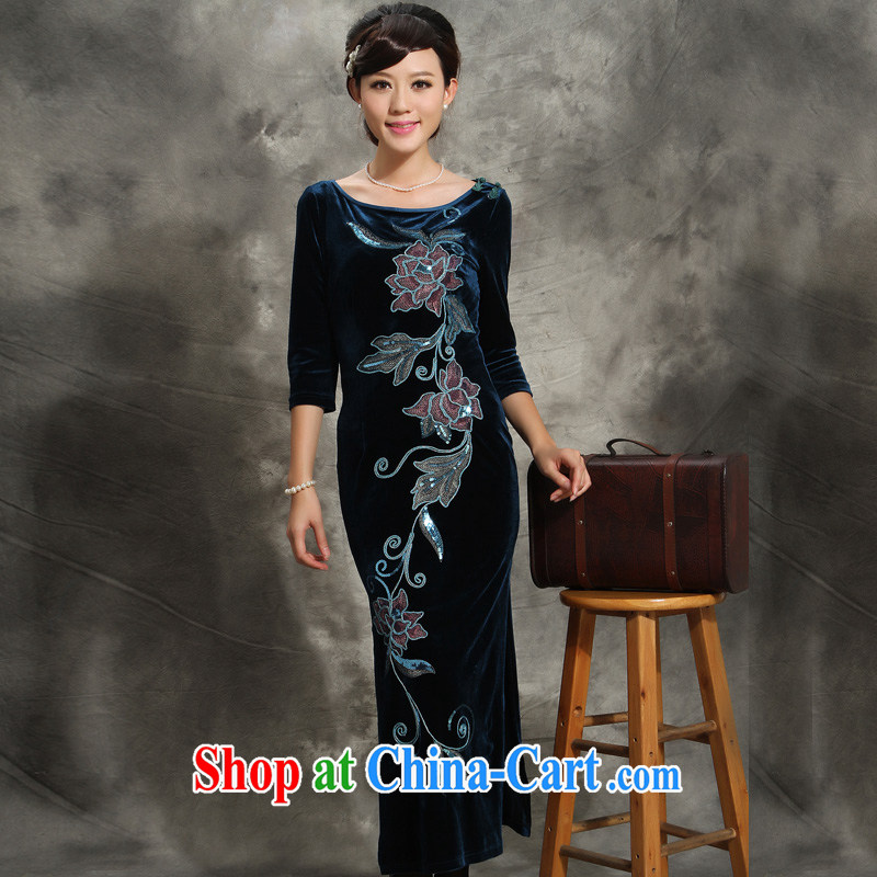 Velvet cheongsam qipao, long-sleeved 2014 autumn mother stretch improved fashion round collar embroidery Tang blue XXXL, music, and Internet shopping