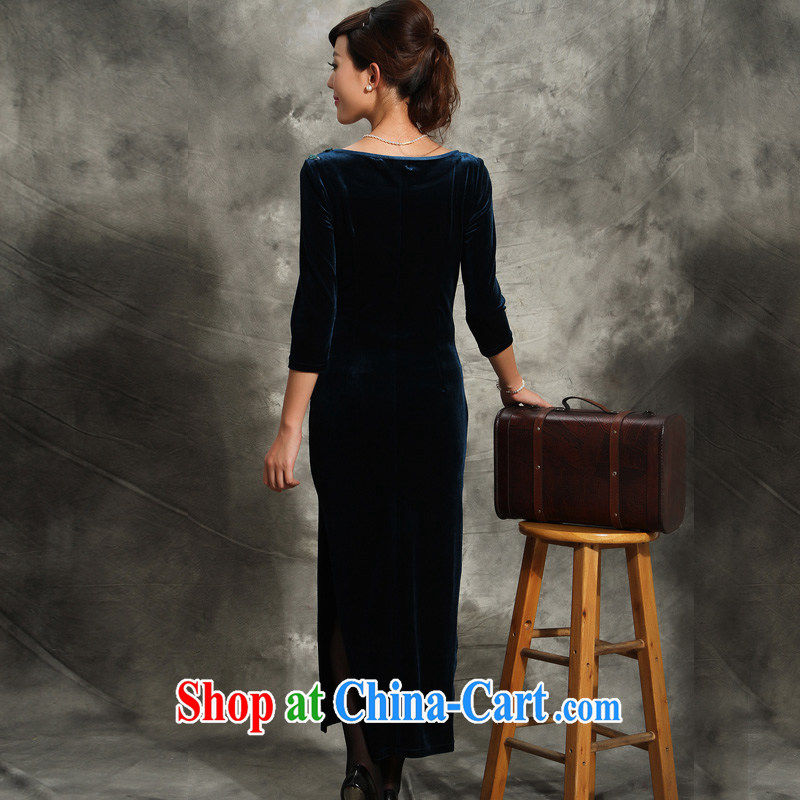 Velvet cheongsam qipao, long-sleeved 2014 autumn mother stretch improved fashion round collar embroidery Tang blue XXXL, music, and Internet shopping