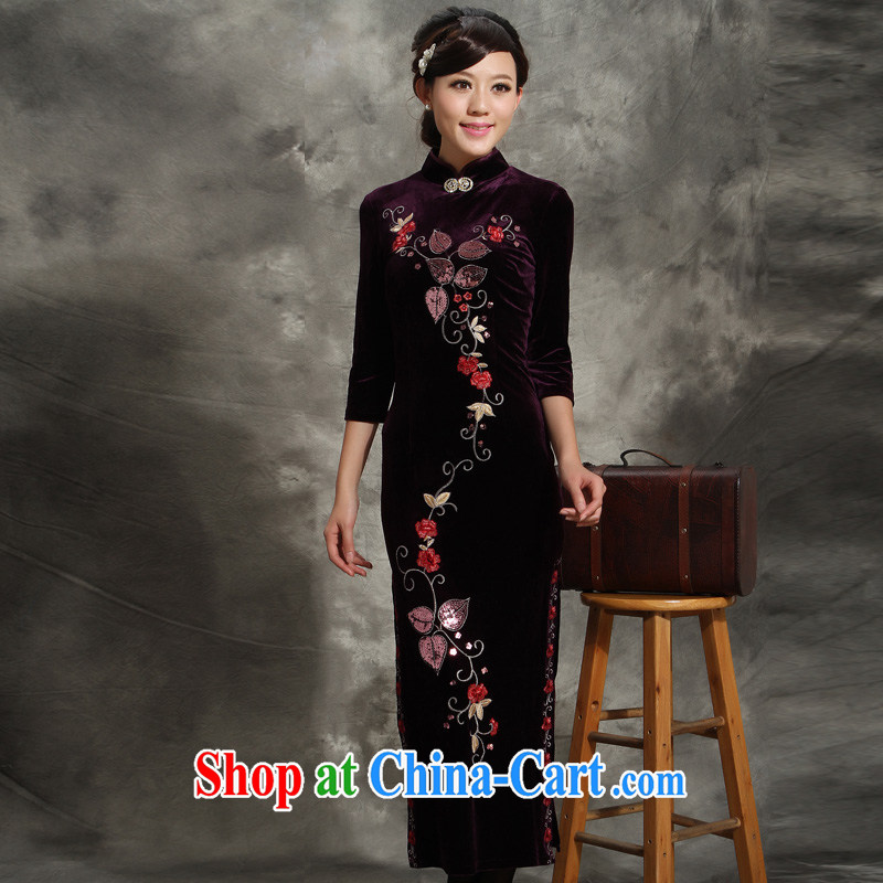 Velvet cheongsam cheongsam dress in long-sleeved, older purple Tang is long, her mother married dresses purple skirt XXXL, music, and shopping on the Internet