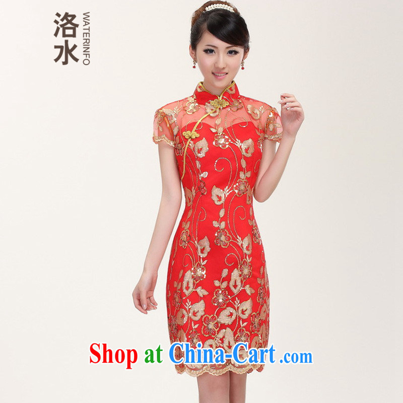 The Autumn new bride toast wedding dress back doors female Chinese dinner dress cheongsam Chinese improved lace Openwork dresses red XXL