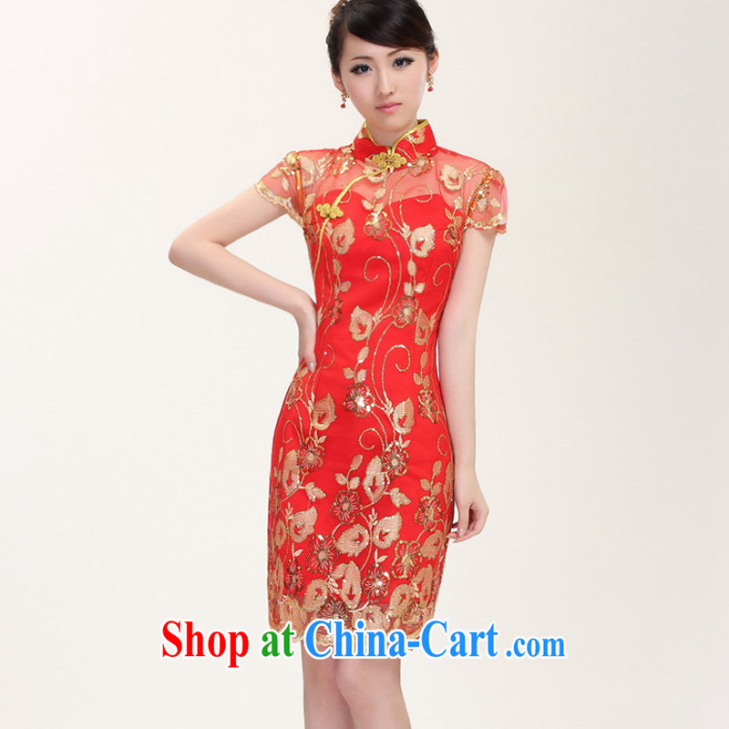 The Autumn new bride toast wedding dress back doors female Chinese dinner dress cheongsam Chinese improved lace Openwork dresses red XXL, water (luoshui), online shopping