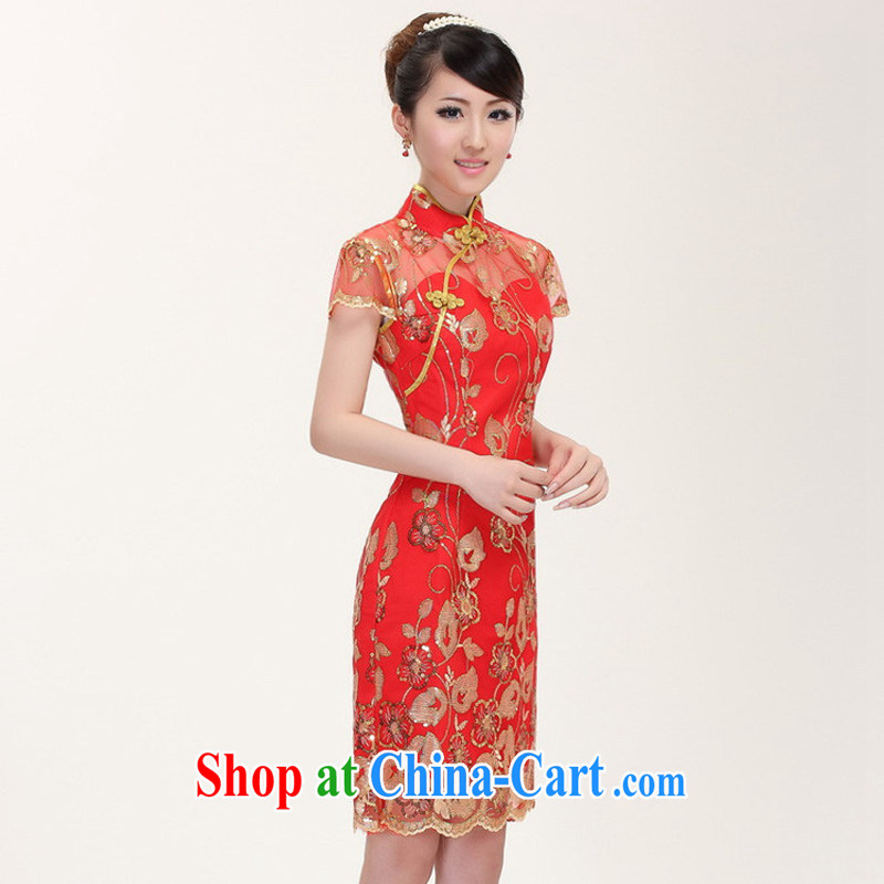 The Autumn new bride toast wedding dress back doors female Chinese dinner dress cheongsam Chinese improved lace Openwork dresses red XXL, water (luoshui), online shopping