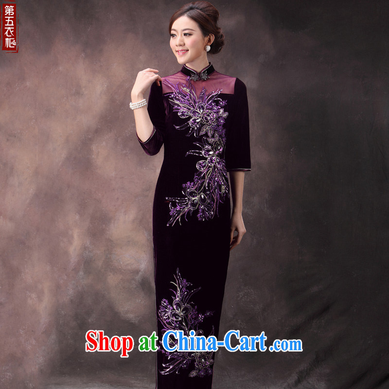 Velvet cheongsam dress 2014 new autumn and replace the long-sleeved long Chinese Tang replacing the code mother wedding dress skirt in purple cuff XL 4