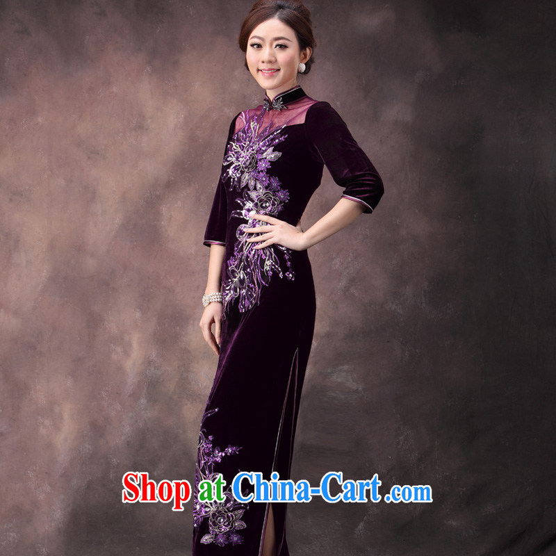 Velvet cheongsam dress 2014 new autumn and replace the long-sleeved long Chinese Tang on the code mother wedding dress skirt in purple cuff XL 4, since in that shopping on the Internet