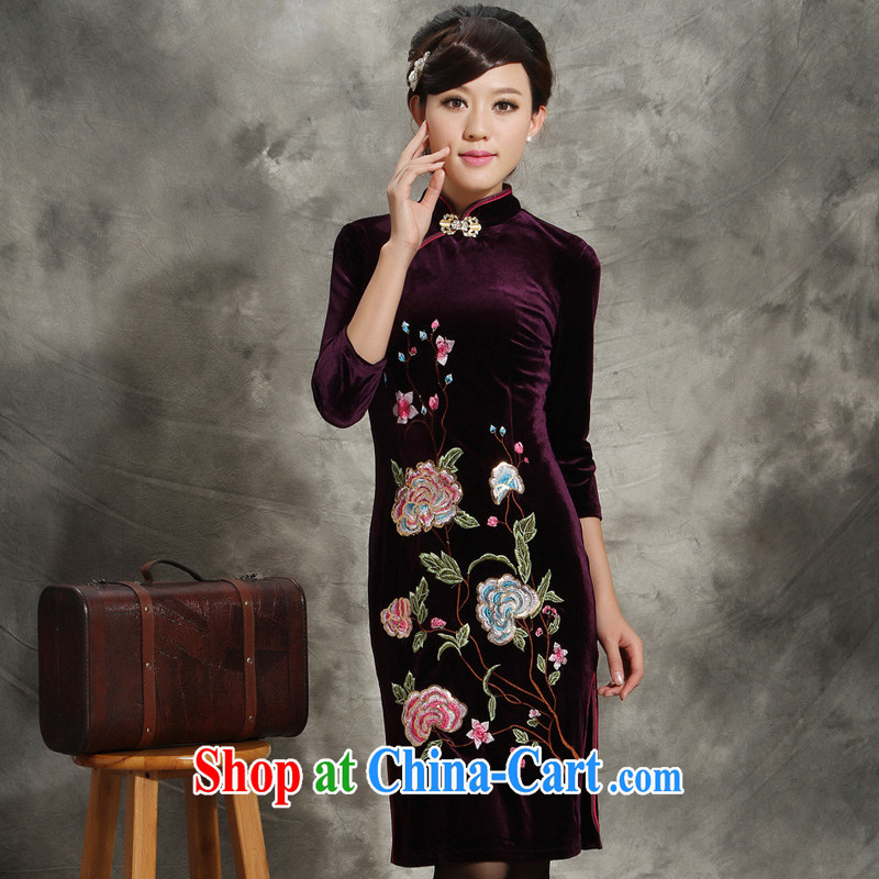 Velvet dresses 2014 new in beauty cuff stretch purple standard embroidery mother Chinese wedding dress purple M, fun, and shopping on the Internet