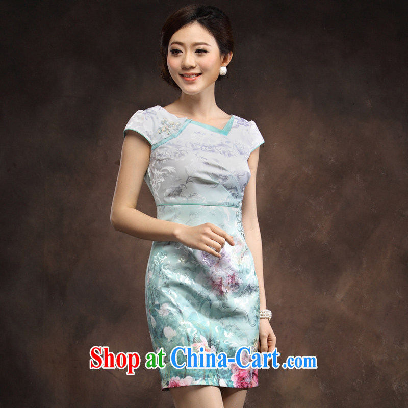 2014 summer new cheongsam dress Chinese Embroidery Chinese Modern and improved cultivation V for Lotus qipao green XXXL, music, dresses/Tang, and shopping on the Internet