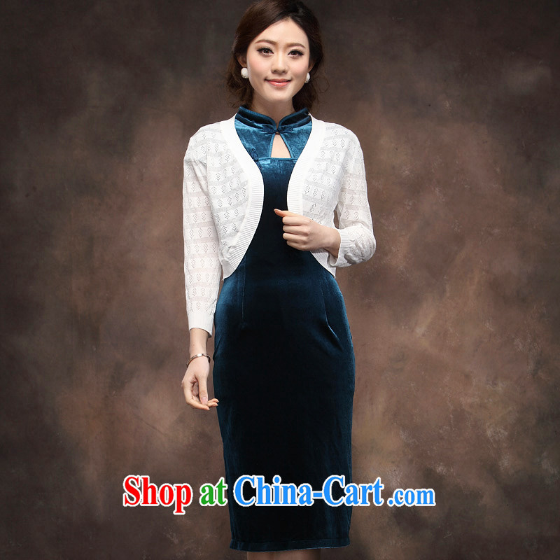 Velvet cheongsam dress short-sleeved summer 2014 new upscale large numbers in cultivating long name Yuan mother wedding dress blue XXXL, music, and shopping on the Internet
