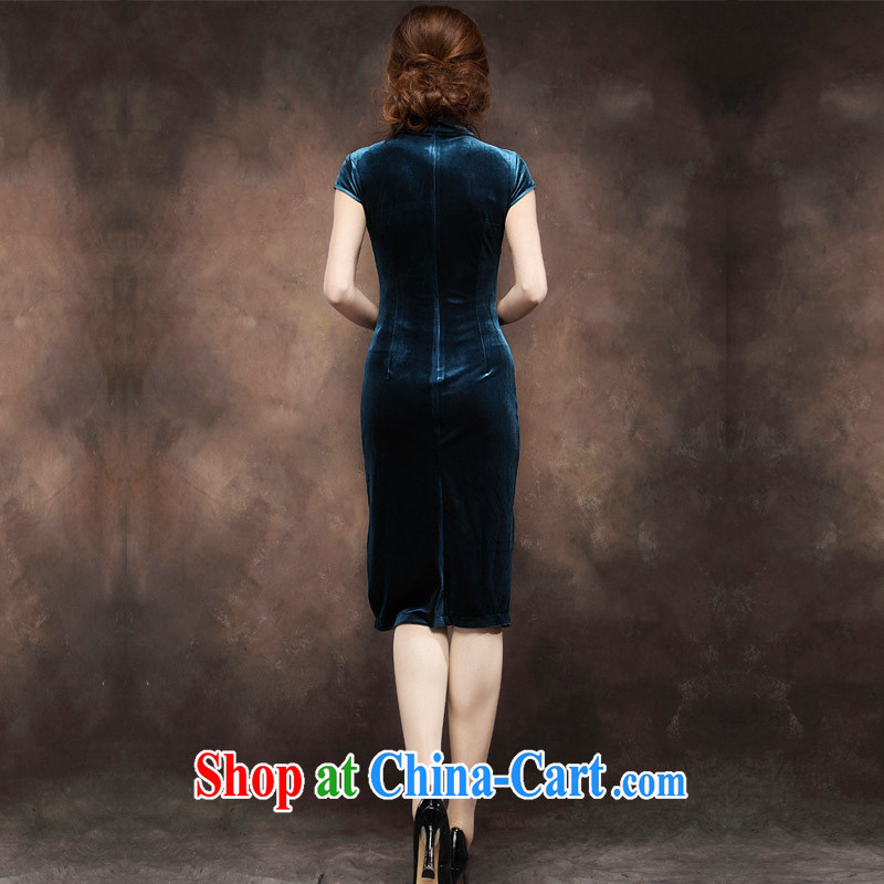 Velvet cheongsam dress short-sleeved summer 2014 new upscale large numbers in cultivating long name Yuan mother wedding dress blue XXXL, music, and shopping on the Internet