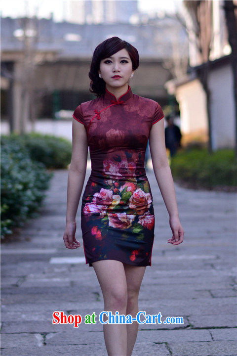 dark red stained clothing 2014 New National wind retro style short daily elegant beauty female cheongsam dress wine red XXL pictures, price, brand platters! Elections are good character, the national distribution, so why buy now enjoy more preferential! Health