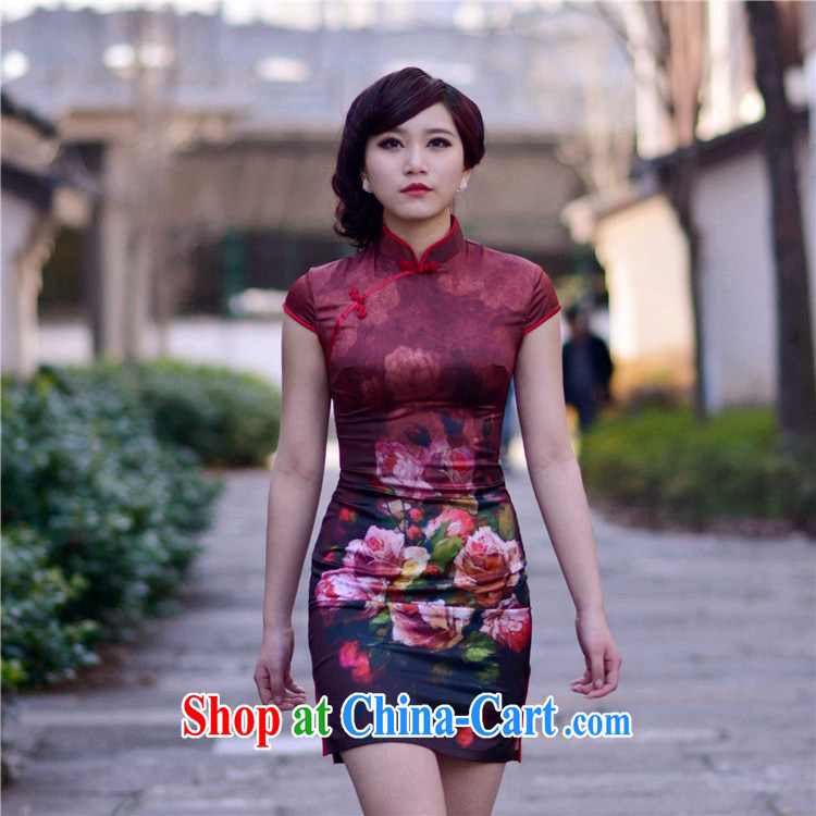 dark red stained clothing 2014 New National wind retro style short daily elegant beauty female cheongsam dress wine red XXL