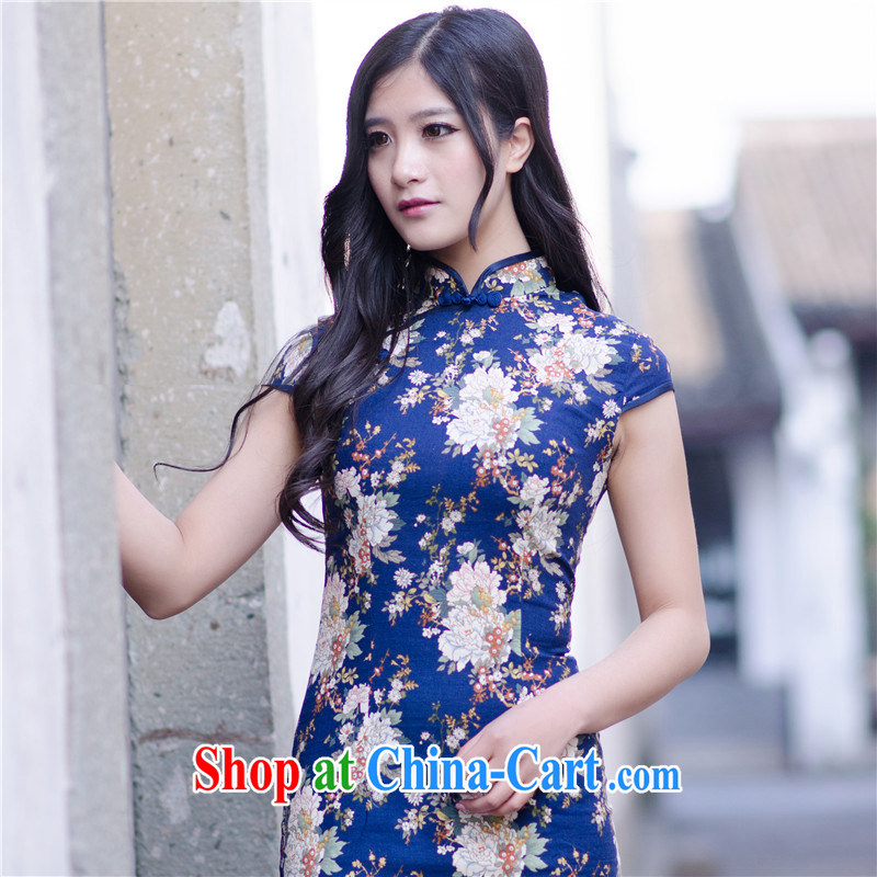 2014 new summer cotton the sexy outfit skirt cultivating improved retro-day short stretch cheongsam dress blue floral M, music, dresses/Tang, and shopping on the Internet