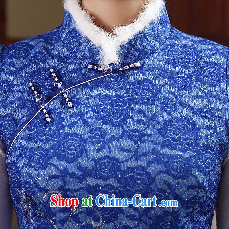 The CYD HO Kwun Tong' The 2014 autumn and winter With New Folder cotton cheongsam dress Chinese improved retro female QD 4914 blue XXL, Sau looked Tang, shopping on the Internet