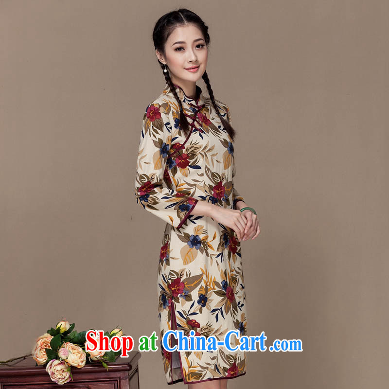 Yin Yue seal autumn 2015 new units the large flower cheongsam linen arts long-sleeved improved daily cheongsam dress picture color S seal, Yin Yue, shopping on the Internet