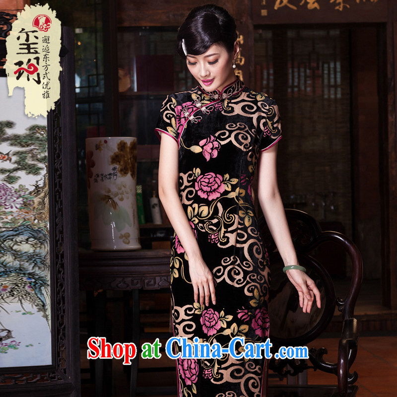 Yin Yue seal 2015 autumn long silk black flower lint-free cloth ironing drill outfit sauna annual silk dress cheongsam dress blue M seal, Yin Yue, shopping on the Internet