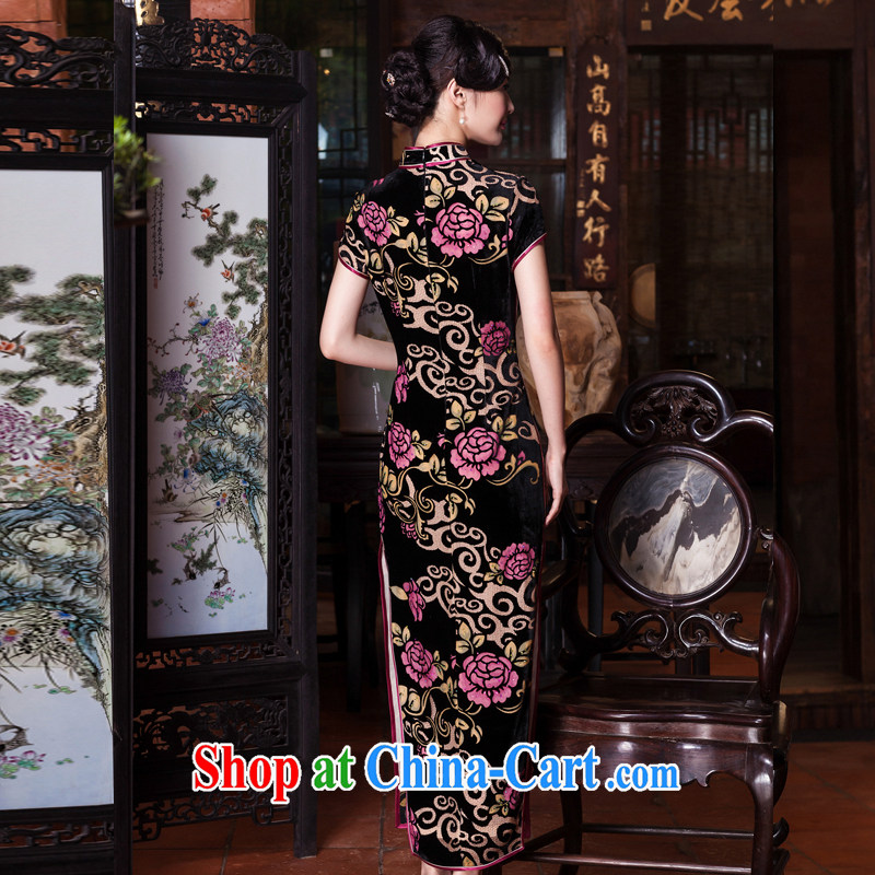 Yin Yue seal 2015 autumn long silk black flower lint-free cloth ironing drill outfit sauna annual silk dress cheongsam dress blue M seal, Yin Yue, shopping on the Internet