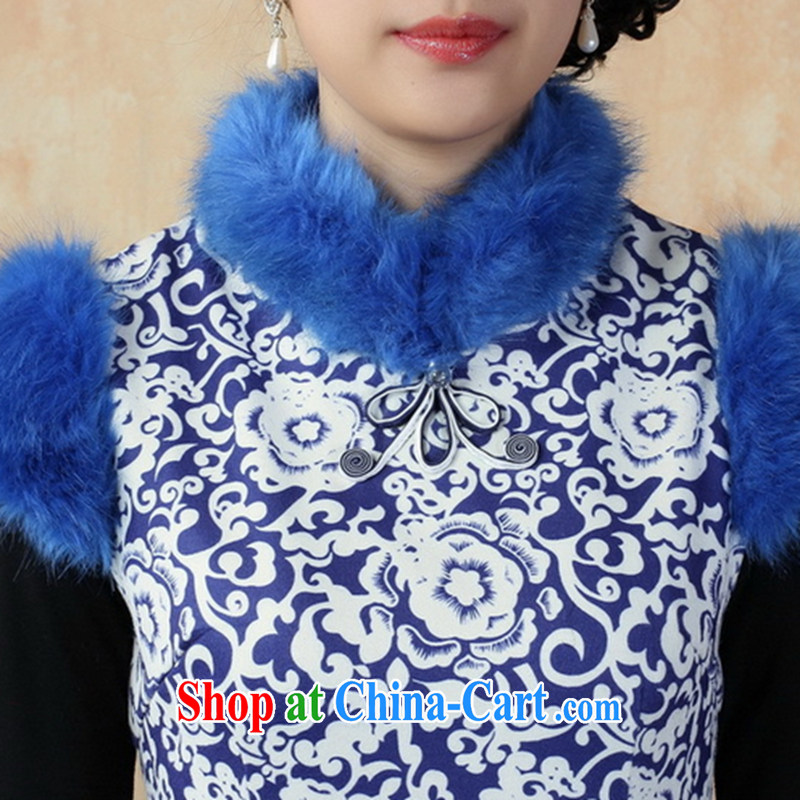 spend the winter, Tang Women's clothes winter outfit improved, for Chinese short dresses that gross cotton robes national costumes Blue on white 2 XL, spend figure, shopping on the Internet