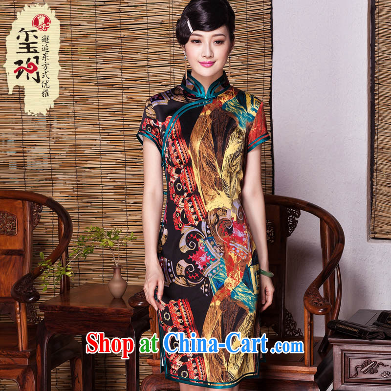 Yin Yue seal autumn 2015 new abstract stamp heavy Silk Cheongsam stylish banquet improved, short cheongsam picture color XXL