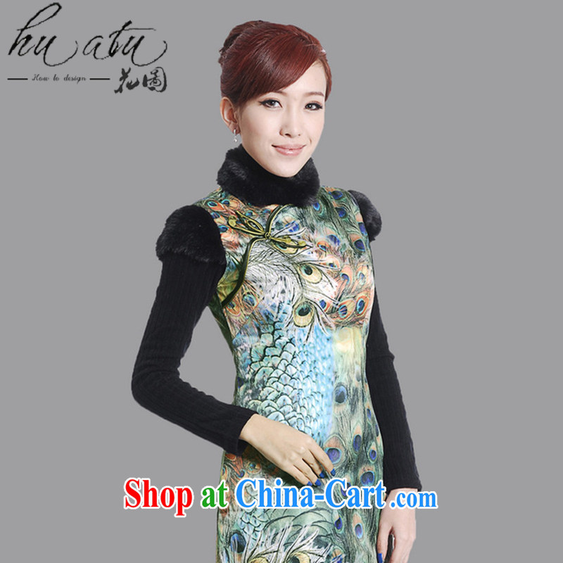 spend the winter clothes Tang Women's clothes, cheongsam collar hair collar Chinese improved birds winter at the damask cotton short cheongsam uniforms green 2 XL, spend figure, shopping on the Internet