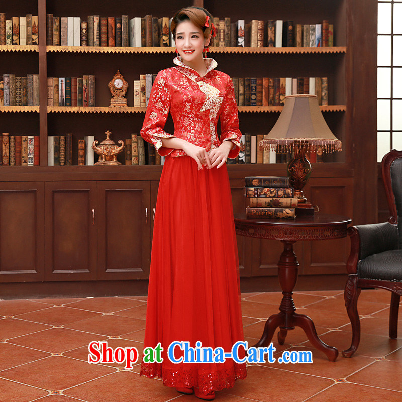 A good service is 2015 New Red Spring Summer bridal wedding dress Chinese wedding married cheongsam dress uniform toast 9 long sleeves dress XL 4, service is good, and shopping on the Internet