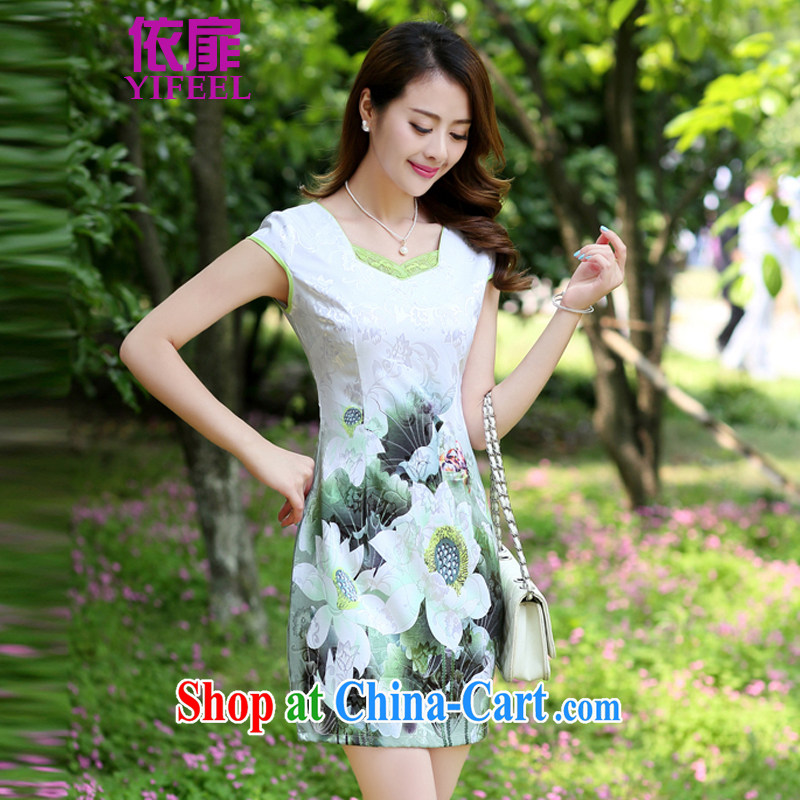 In accordance with 2014 spattered Silk Cheongsam upscale retro short-sleeved improved stylish sauna Silk Cheongsam dress YF 8896 Green lotus XL, spattered, shopping on the Internet