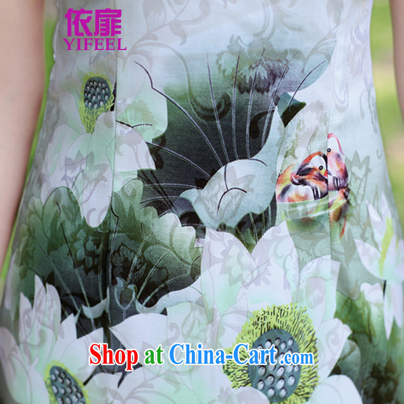 In accordance with 2014 spattered Silk Cheongsam upscale retro short-sleeved improved stylish sauna Silk Cheongsam dress YF 8896 Green lotus XL, spattered, shopping on the Internet