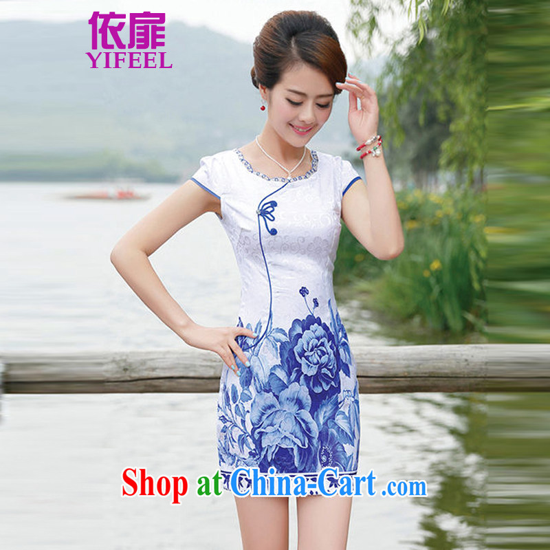 2015 new blue blue short-sleeved retro style cheongsam dress short skirt YF 8886 flower vase XXL, spattered, shopping on the Internet