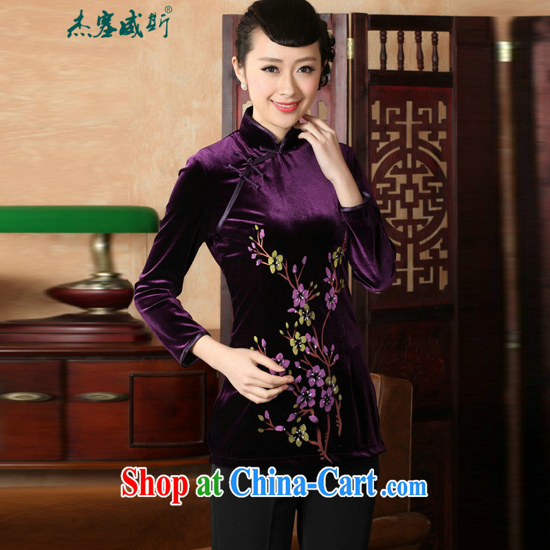 Jessup, autumn, the Chinese clothing Ethnic Wind women's clothing improved hand-painted stamp duty 9 sub-cuff wool dresses T-shirt Chinese A 0065 purple XXXL, Jessup, and shopping on the Internet