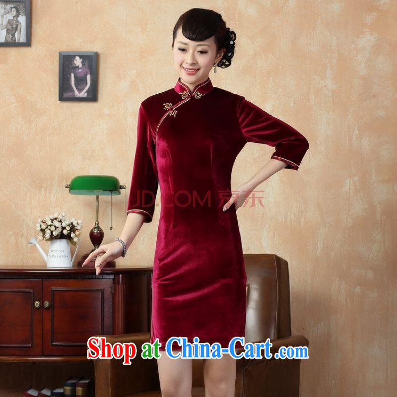 The frequency, cheongsam dress dresses pure color-stretch is really plush robes 7 cuff wine red 2 XL