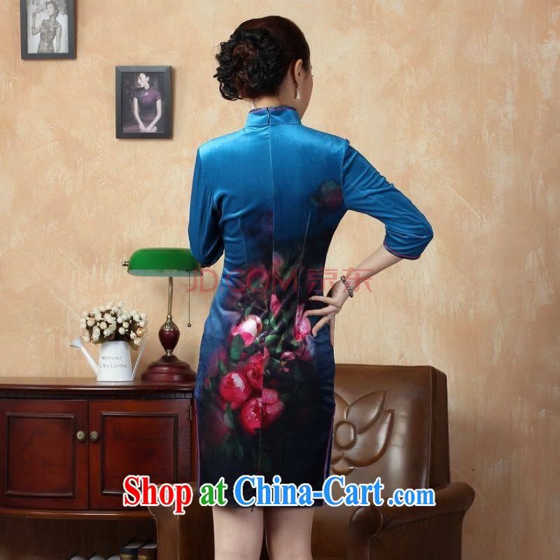 The band improved the velvet painting stylish classic in short sleeves cheongsam, qipao gown dresses the cyan 2XL, picking-frequency, shopping on the Internet