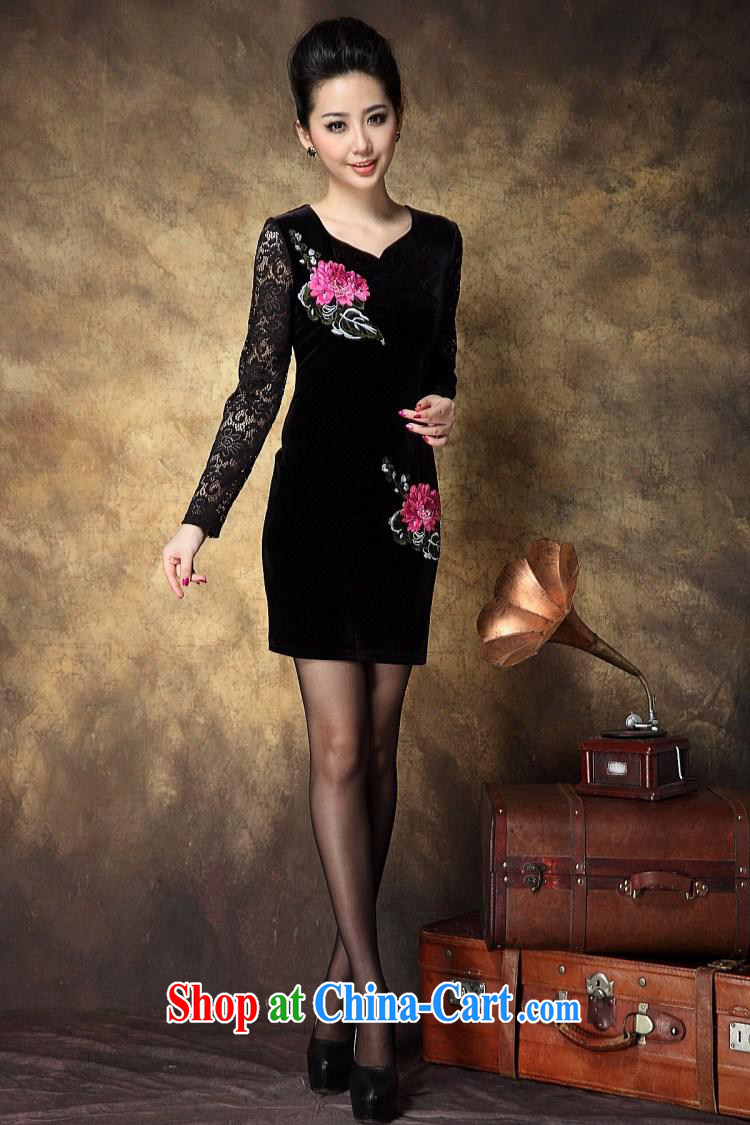 2014 spring new female lace stitching wool improved temperament cheongsam long-sleeved three-dimensional embroidery cheongsam dress black XXXL pictures, price, brand platters! Elections are good character, the national distribution, so why buy now enjoy more preferential! Health
