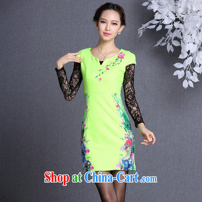 2013 fall_winter new, improved stylish embroidered hair so short cheongsam?Shenzhen factory Wholesale_mixed batch Green Yellow XXL