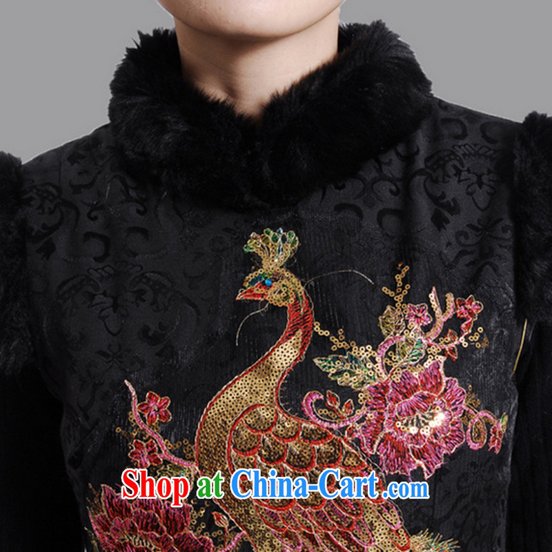 spend the winter clothes New Tang Women's clothes for the peacock embroidery cheongsam Chinese improved cotton winter short cheongsam - A black 2 XL, spend, and, shopping on the Internet