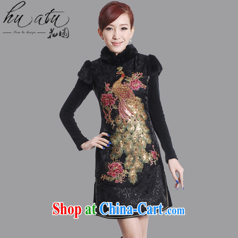 spend the winter clothes New Tang Women's clothes for the peacock embroidery cheongsam Chinese improved cotton winter short cheongsam - A black 2 XL, spend, and, shopping on the Internet