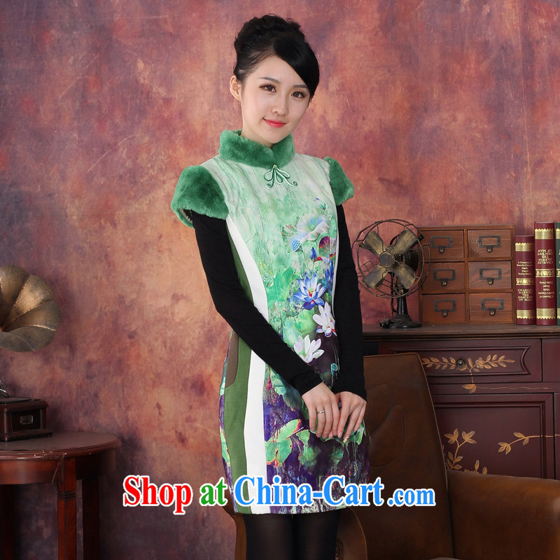 Autumn 2014 new quilted thick winter cheongsam stylish improved short, short-sleeved cotton vest dress package mail 434,417 green XXL