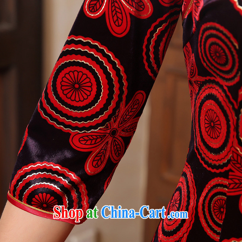 Early Morning, spring and autumn 2015 new stylish improved retro short Korean velvet cuff in cheongsam dress mom with dark red XXL morning land, shopping on the Internet