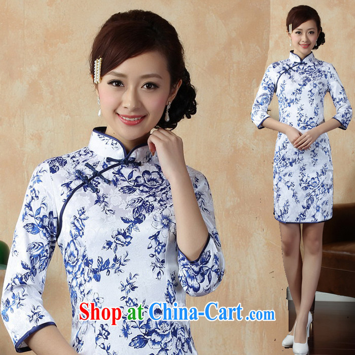 Special Offers autumn 2014 Women's clothes new retro blue and white porcelain cuff in cheongsam dress improved stylish Chinese Dress blue XXL
