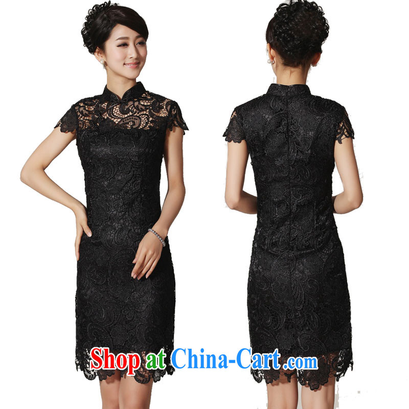 Genuine package mail cheongsam dress summer sexy lace stylish improved retro graphics thin high, long dress black XXL