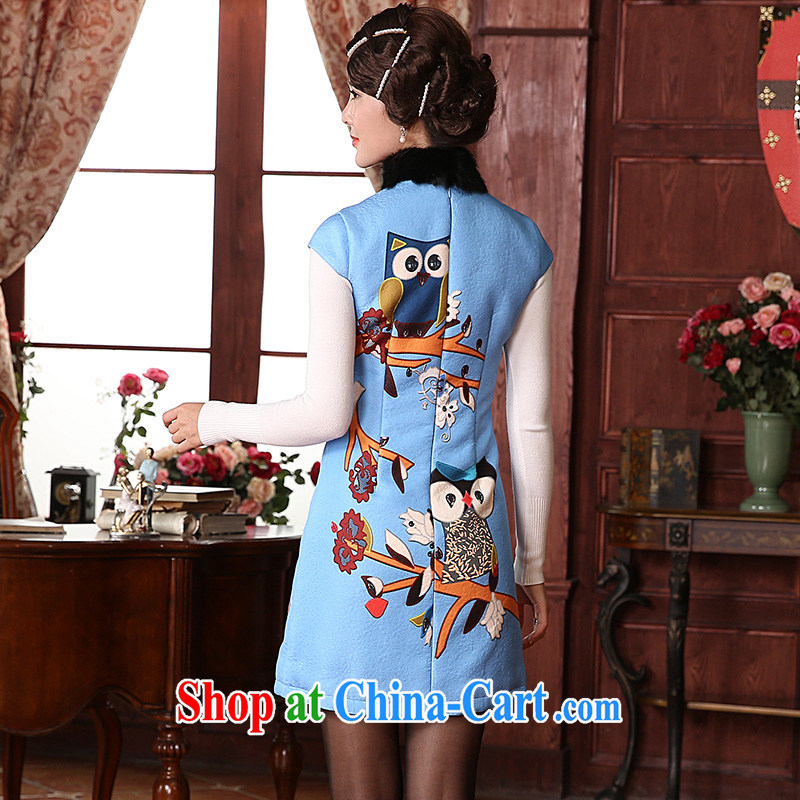 The CYD HO Kwun Tong' fuser dream 2014 winter clothing new improved cheongsam rabbit hair style stamp dresses QD 4932 sky XXL, Sau looked Tang, shopping on the Internet