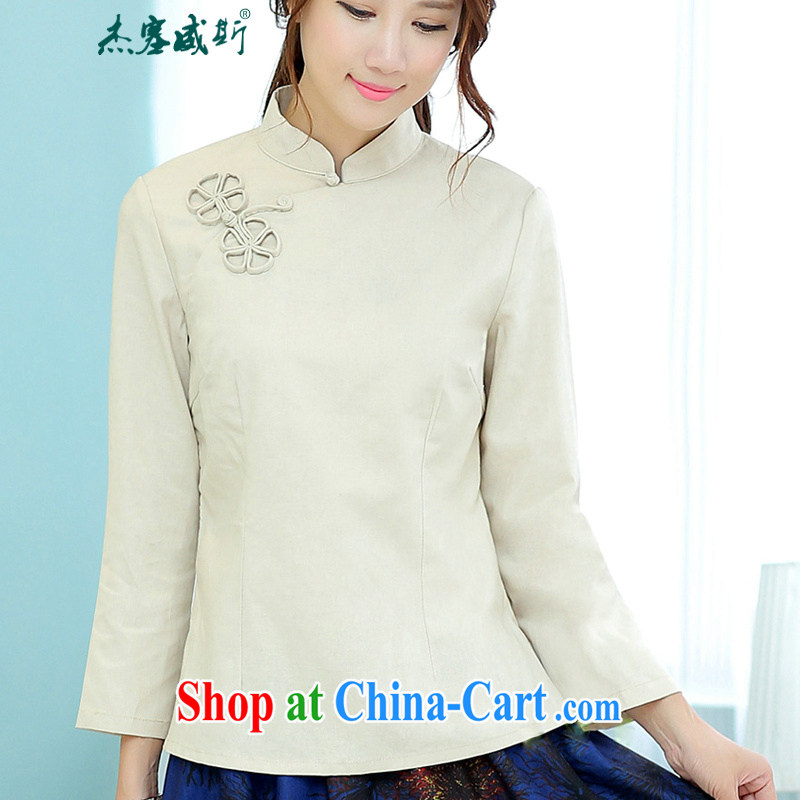 Jack Plug, spring and summer girls improved Chinese Antique is a hard disk for the collar long-sleeved linen shirt shirt Tang with beige XL