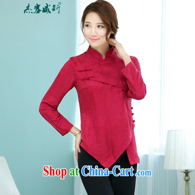 Jack Plug, spring and summer female Chinese Tang with stylish retro style beauty everyday elegant silk long-sleeved female Chinese T-shirt shirt wine red XXL