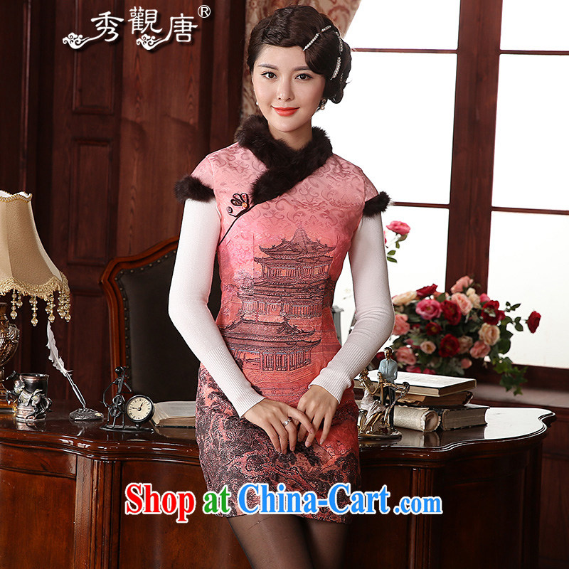 The CYD HO Kwun Tong' dream red retro fashion dresses for 2015 winter clothes folder cotton new female cheongsam dress peach XXL