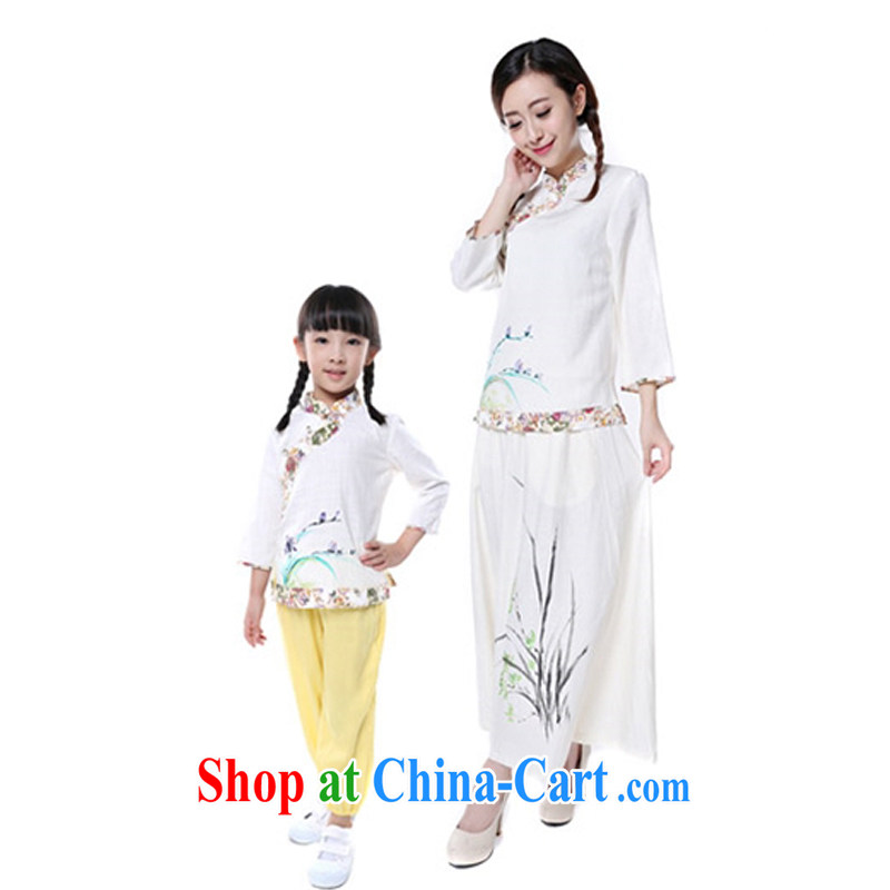 In autumn 2014 the female_China wind cotton Ma hand-painted T-shirt_spring, long-sleeved package mail white hand-painted children's wear 7 135 CM